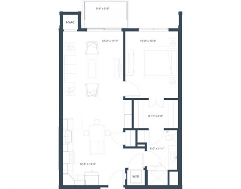 Floor plan for 1 bed, 1 bath, 792 sqft